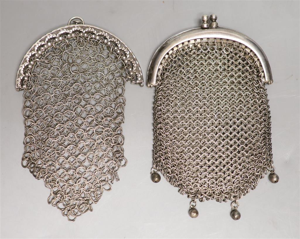 A George III silver chain link purse, John Shaw, Birmingham, 1810, 10cm and one other white metal purse.